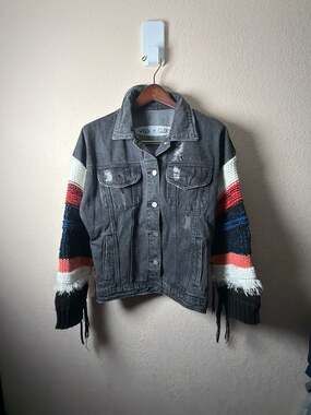 Wren + Glory Distressed Denim Jacket with Multi-Color Knit Fringed Sleeves